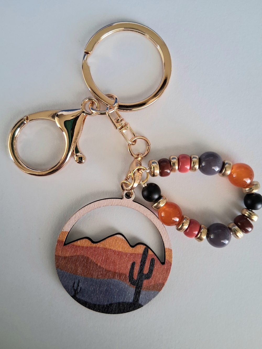 Desert Sunrise Beaded Keychain with Wooden Cactus Charm - Multicolor